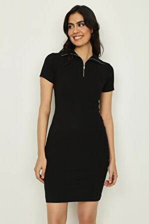 Kadın Dik Yaka Fermuar Detaylı Örme Elbise