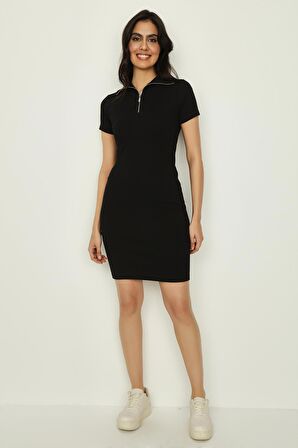 Kadın Dik Yaka Fermuar Detaylı Örme Elbise