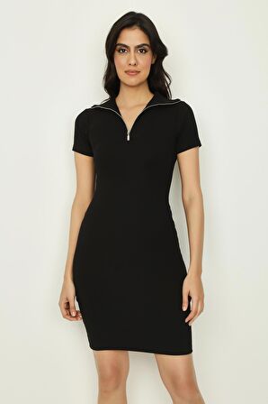 Kadın Dik Yaka Fermuar Detaylı Örme Elbise