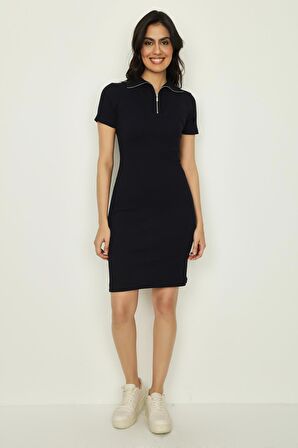 Kadın Dik Yaka Fermuar Detaylı Örme Elbise