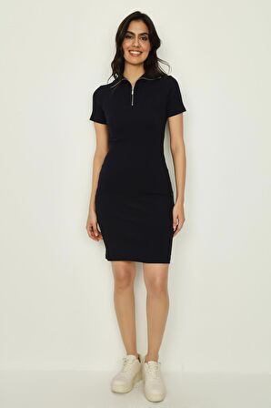 Kadın Dik Yaka Fermuar Detaylı Örme Elbise