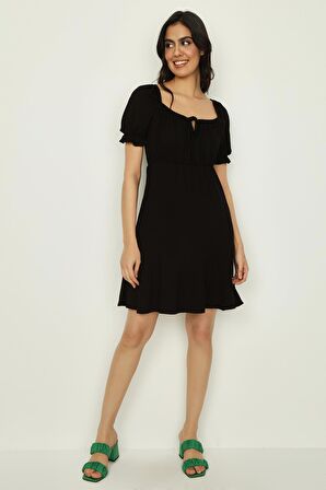 Kadın Kare Yaka Balon Kollu Örme Elbise