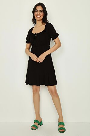 Kadın Kare Yaka Balon Kollu Örme Elbise