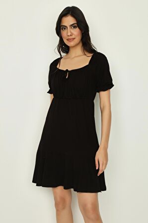 Kadın Kare Yaka Balon Kollu Örme Elbise