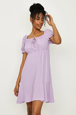 Kadın Kare Yaka Balon Kollu Örme Elbise