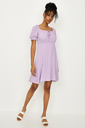 Kadın Kare Yaka Balon Kollu Örme Elbise