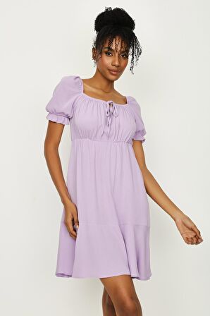 Kadın Kare Yaka Balon Kollu Örme Elbise