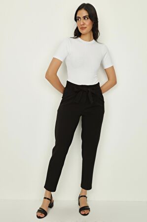 Kadın Kemerli Beli Lastikli Rahat Kesim Pantolon