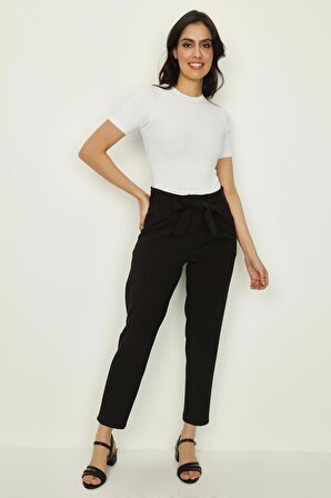 Kadın Kemerli Beli Lastikli Rahat Kesim Pantolon