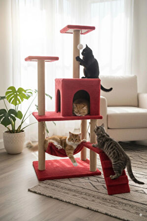 Catoys Hamaklı Yuvalı Lüx Kedi Tırmalama Evi Kırmızı