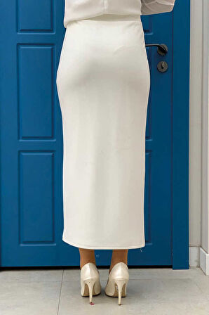 Bel Lastikli Likralı Kalem Etek 1074 Ekru