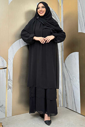 Kat Kat Görünüm Kol Manşetleri Lastikli Şifon Elbise 3060 Siyah