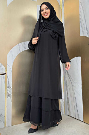 Kat Kat Görünüm Kol Manşetleri Lastikli Şifon Elbise 3060 Siyah