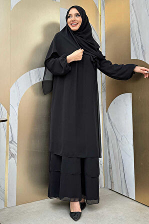 Kat Kat Görünüm Kol Manşetleri Lastikli Şifon Elbise 3060 Siyah