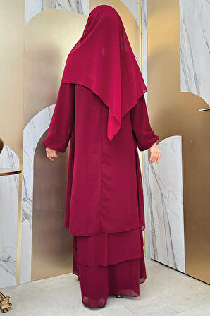 Kat Kat Görünüm Kol Manşetleri Lastikli Şifon Elbise 3060 Bordo