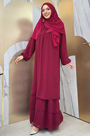 Kat Kat Görünüm Kol Manşetleri Lastikli Şifon Elbise 3060 Bordo