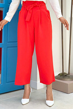 Fermuarlı Bel Bağcıklı Pantolon 0174 Kırmızı