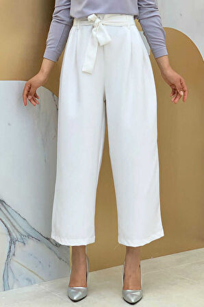 Bym Fashion Fermuarlı Bel Bağcıklı Pantolon 0174 Ekru