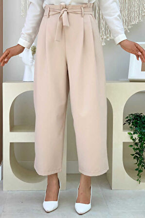 Fermuarlı Bel Bağcıklı Pantolon 0174 Taş