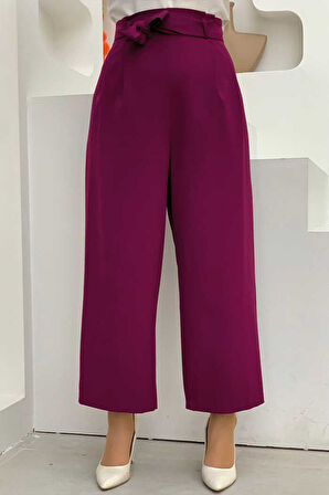 Fermuarlı Bel Bağcıklı Pantolon 0174 Mor