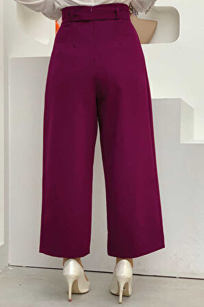 Fermuarlı Bel Bağcıklı Pantolon 0174 Mor