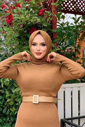 Balıkçı Yaka Fitilli Triko Elbise 4100 Taba