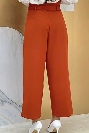 Büyük Beden Fermuarlı Bel Bağcıklı Pantolon 0174-1 Kiremit