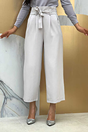 Bym Fashion Fermuarlı Bel Bağcıklı Pantolon 0174 Gri