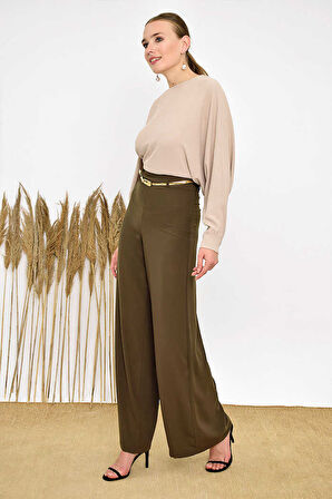 Büyük Beden Fermuarlı Kemer Aksesuarlı Pantolon Etek 0125-1 Haki