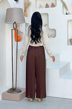 Bel Lastikli Bağcık Görünümlü Piliseli Pantolon 0129 Kahverengi