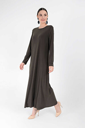 Büyük Beden Düz Bisklet Yaka Uzun Kol İç Sandy Elbise 3202-1 Haki