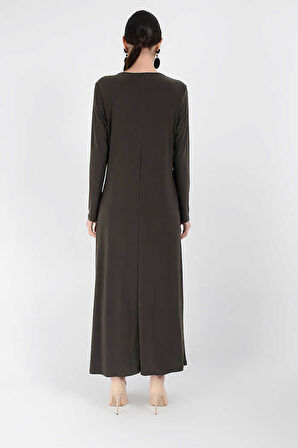 Büyük Beden Düz Bisklet Yaka Uzun Kol İç Sandy Elbise 3202-1 Haki