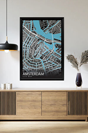 Tek Parça Siyah Çerçeve Görünümlü "Amsterdam Siyah" Harita Mdf Tablo