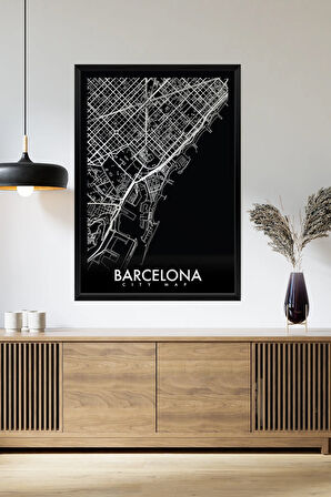 Tek Parça Siyah Çerçeve Görünümlü "Barcelona Siyah" Harita Mdf Tablo