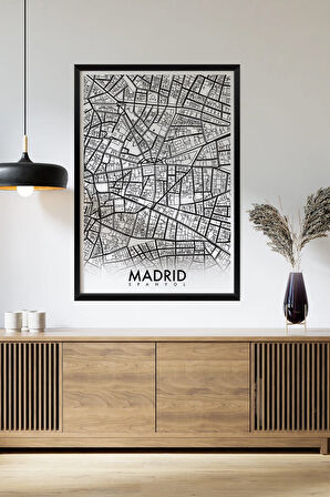 Tek Parça Siyah Çerçeve Görünümlü "Madrid Beyaz" Harita Mdf Tablo