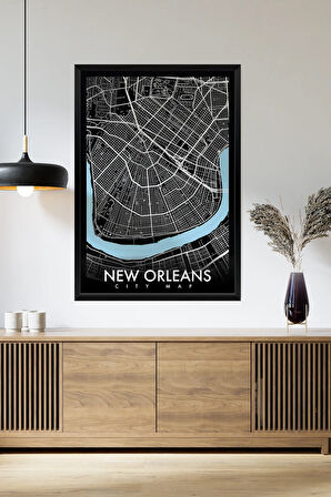 Tek Parça Siyah Çerçeve Görünümlü "New Orleans Siyah" Harita Mdf Tablo