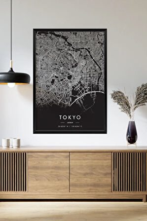 Tek Parça Siyah Çerçeve Görünümlü "Tokyo Siyah" Harita Mdf Tablo