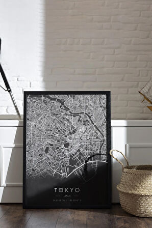 Tek Parça Siyah Çerçeve Görünümlü "Tokyo Siyah" Harita Mdf Tablo