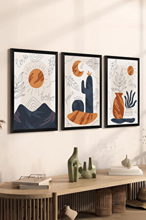 3 Parça Siyah Çerçeve Görünümlü Mdf Tablo Seti - Set 7
