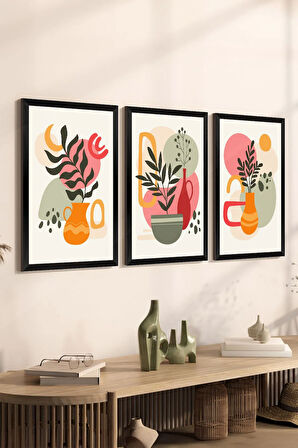 3 Parça Siyah Çerçeve Görünümlü Mdf Tablo Seti - Set 23