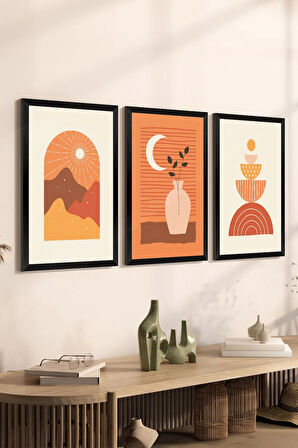 3 Parça Siyah Çerçeve Görünümlü Mdf Tablo Seti - Set 25