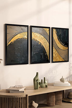 3 Parça Siyah Çerçeve Görünümlü MDF Poster Tablo Seti - Set 2
