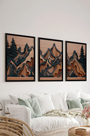 3 Parça Siyah Çerçeve Görünümlü MDF Poster Tablo Seti - Set 12