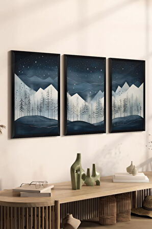 3 Parça Siyah Çerçeve Görünümlü MDF Poster Tablo Seti - Set 14