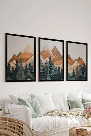3 Parça Siyah Çerçeve Görünümlü MDF Poster Tablo Seti - Set 24