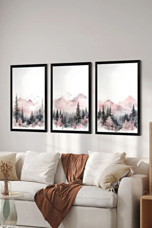 3 Parça Siyah Çerçeve Görünümlü MDF Poster Tablo Seti - Set 25