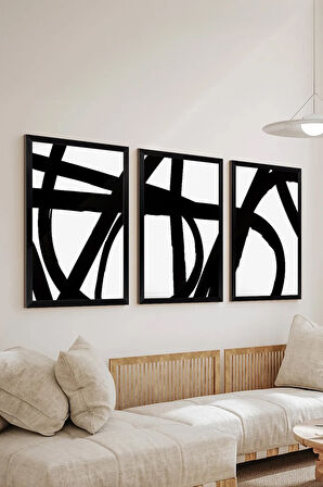 3 Parça Siyah Çerçeve Görünümlü MDF Poster Tablo Seti - Set 35