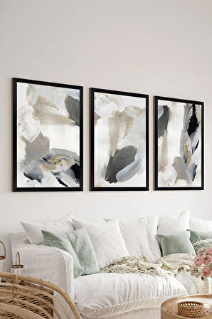 3 Parça Siyah Çerçeve Görünümlü MDF Poster Tablo Seti - Set 36