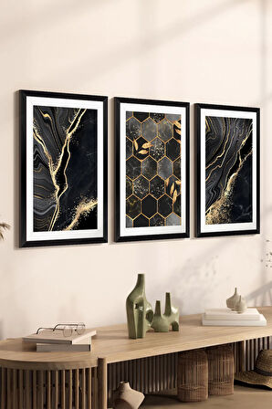 3 Parça Siyah Çerçeve Görünümlü MDF Poster Tablo Seti - Set 38