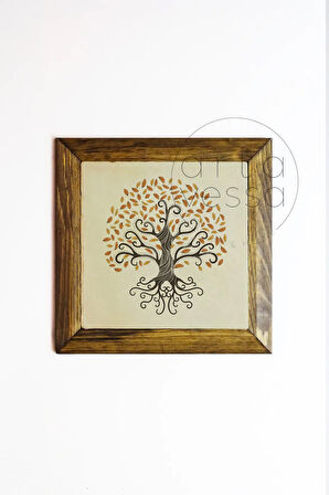 Masif Ahşap Çerçeveli Taş Tablo Pano 16 x 16 cm - Ağaç Model 2